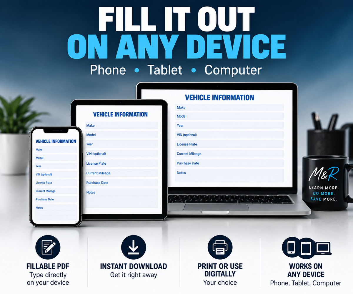 M&R Vehicle Maintenance Tracker | Fillable Digital PDF