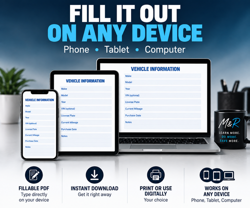 M&R Vehicle Maintenance Tracker | Fillable Digital PDF