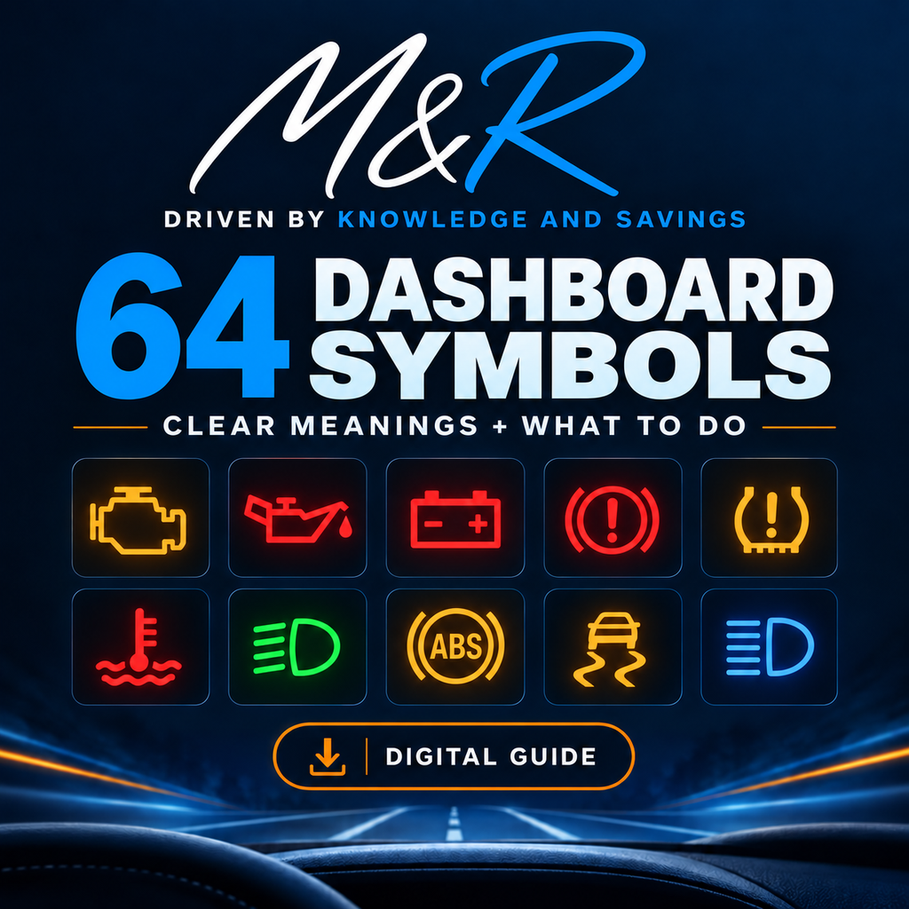 M&R Dashboard Warning Light Guide featuring 64 dashboard symbols