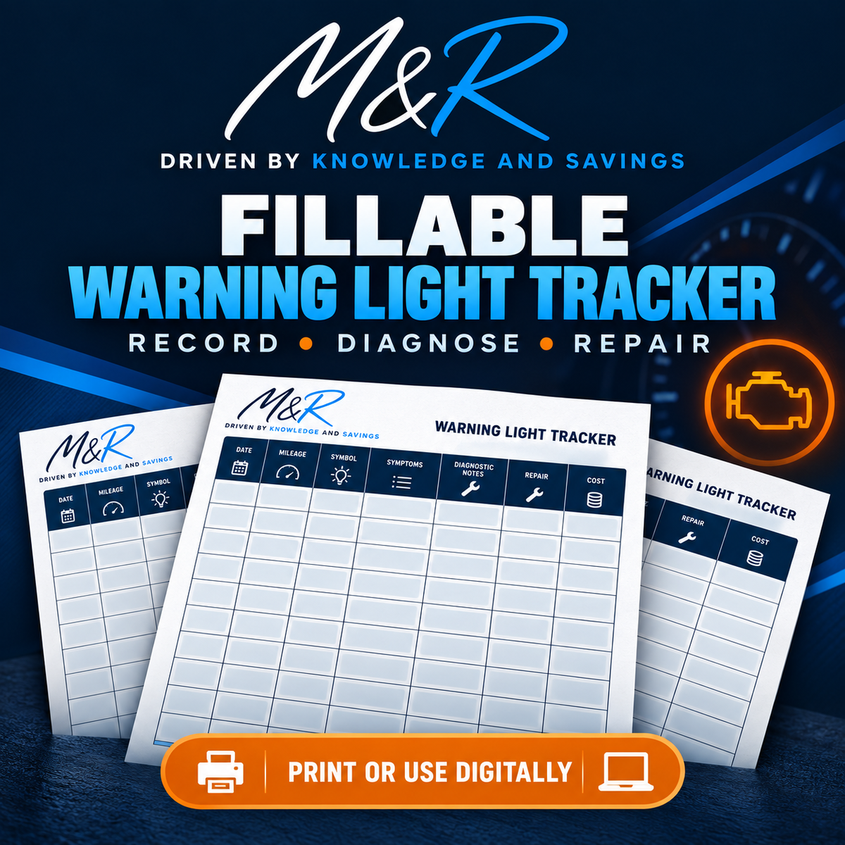 M&R fillable warning light tracker for recording diagnosis repairs and cost