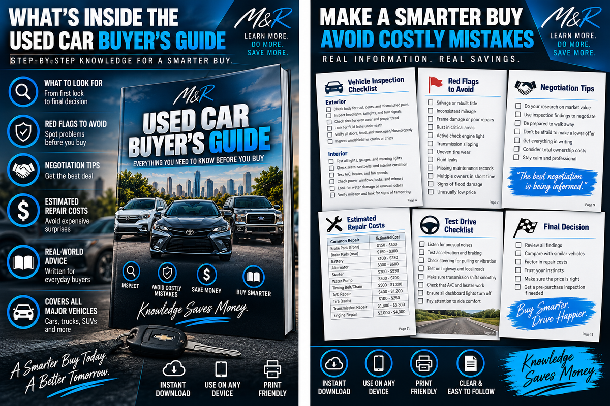 M&R Used Car Buyer's Guide supporting image with red flags, negotiation tips, repair costs and test drive checks